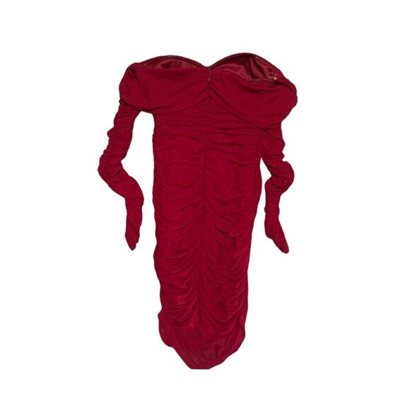Akira red ruched sexy mini dress long sheer sleeves off shoulder womans large u - Picture 2 of 12